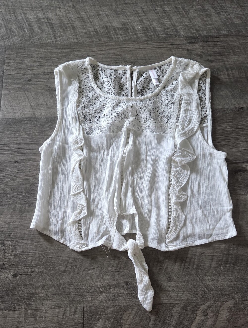Xhilaration White Lace Ruffle Tie-Front Crop Top.